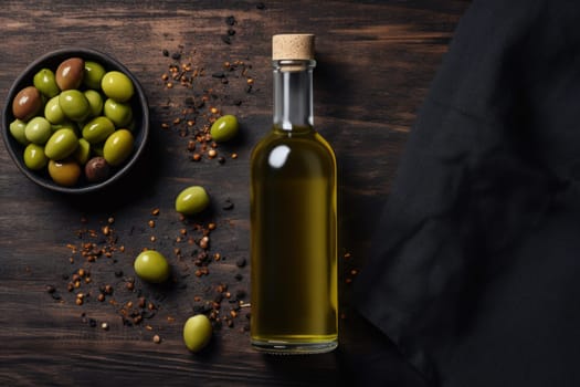 Olive oil and olives berries are on the wooden table under the olive tree