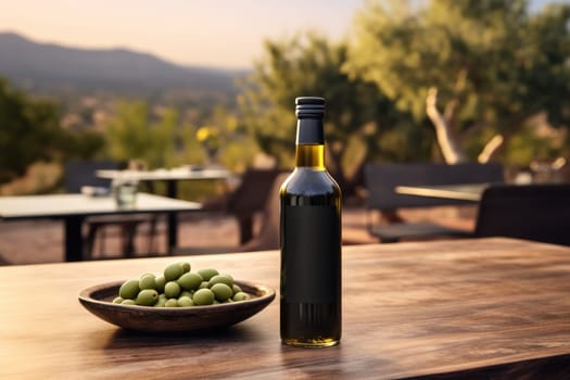 Olive oil and olives berries are on the wooden table under the olive tree