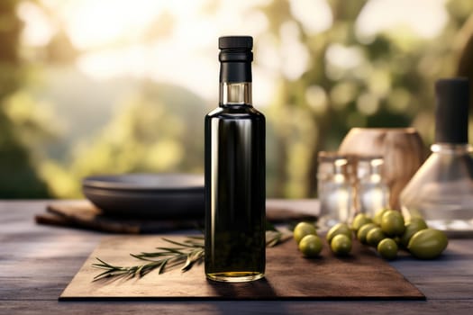 Olive oil and olives berries are on the wooden table under the olive tree