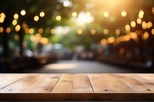 Empty wooden table and bokeh light background. For product display, Generate Ai.