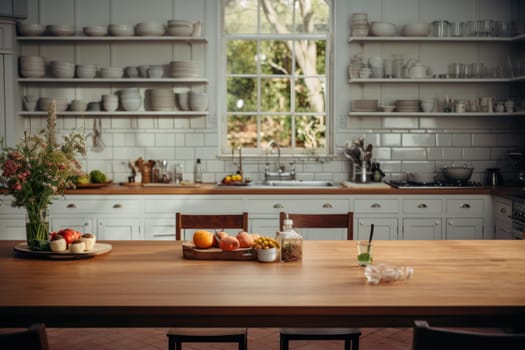 Kitchen room with table morning light time, Generate with Ai.