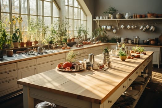 Kitchen room with table morning light time, Generate with Ai.