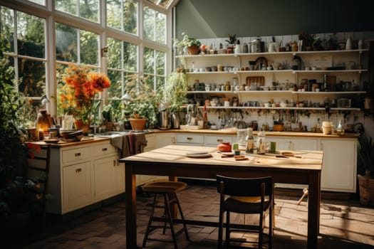 Kitchen room with table morning light time, Generate with Ai.