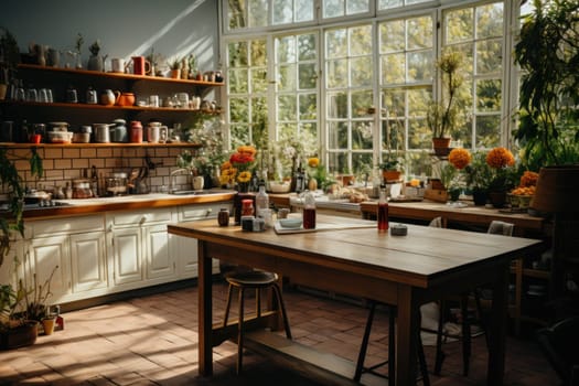 Kitchen room with table morning light time, Generate with Ai.