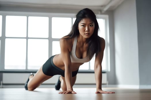 Beautiful asian woman doing push up at a minimalist yoga studio. Generative with ai.