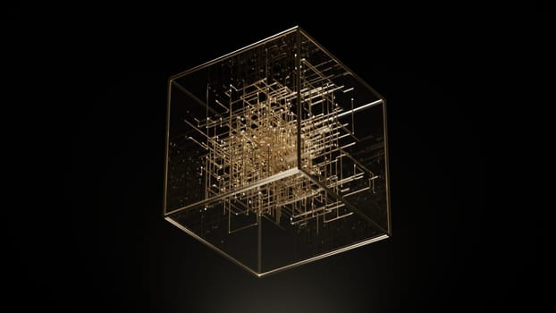 3d render abstract gold cubic cube on black background, in the style of kinetic installations in 4k