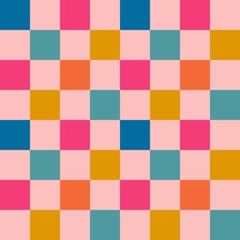 Hand drawn seamless pattern with colorful checks squares, pink blue yellow orange checkered checkerboard, mid century modern design style, contemporary abstract geometric print, 80s 90s retro art