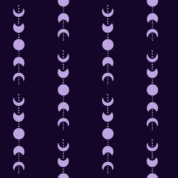 Hand drawn seamless pattern with moon phases in vertical line on dark purple background. Astrology space cosmic witch witchcraft concept, astronomy moonlight night sky art, lumar planet shapes