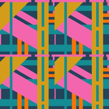 Hand drawn seamless pattern with abstract geometric 1980s 80s bold colorful print. Funky memphis hipster pink teal navy yellow eighties fashio art, modern contemporary bauhaus texture