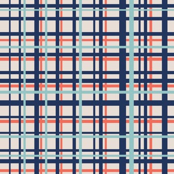 Hand drawn seamless pattern of plaid tartan checkered textile print in blue orange beige. Checks squares lines in abstract geometric modern colorful design. For wallpaper classic nursery decor