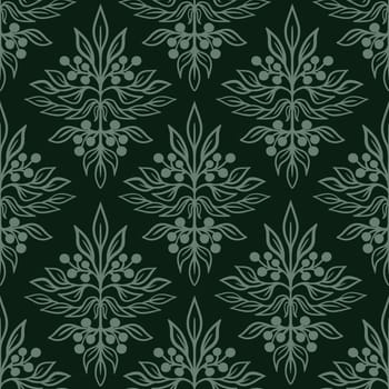 Hand drawn seamless pattern with floral damask ornament on dark green background. Leaves berries forest print in retro vintage victorian moody baroque art, textile fabric wallpaper antique design