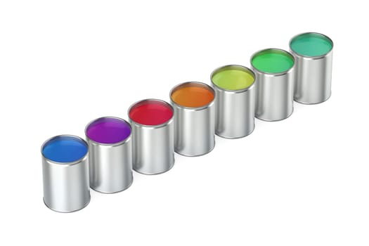 Row with seven paint cans with different colors