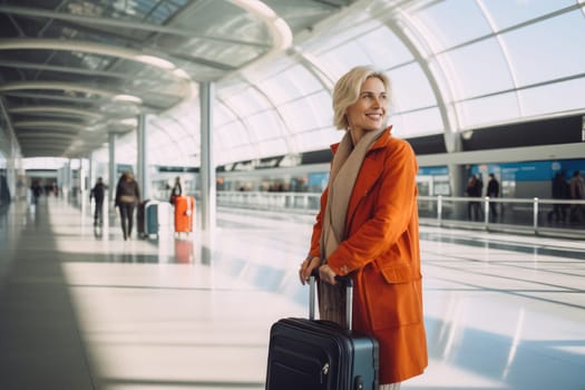 happy middle aged woman wearing bright clothes traveling by plane, standing in airport lobby holding luggage. AI Generated