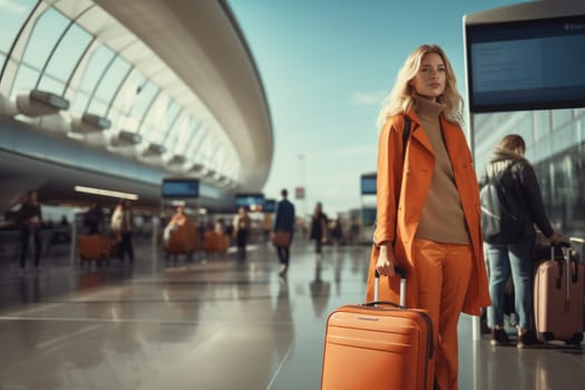happy young woman wearing bright clothes traveling by plane, standing in airport lobby holding luggage. AI Generated