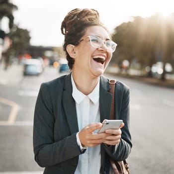 Laughing, typing and a woman with a phone in the city for social media, communication or an email. Smile, meme and a funny corporate employee with a mobile for an app in the street in the morning.