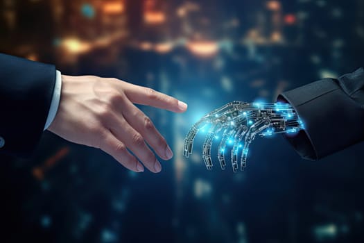 AI, Machine learning, Hands of robot and human touching on big data network connection background, Science and artificial intelligence technology, innovation and futuristic.