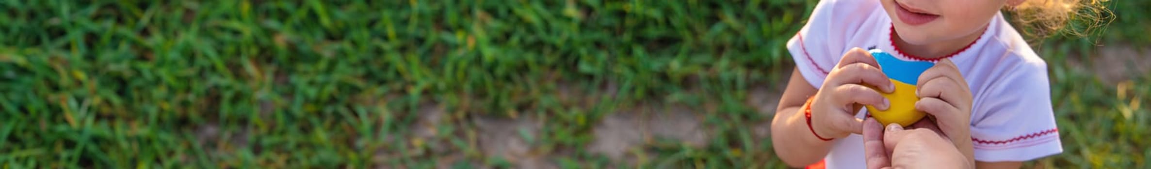 Child in a field of wheat with the flag of Ukraine. Selective focus. Nature.