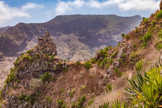 A striking rock formation in the mountainous center of the picturesque island of Santiago, Cape Verde, Africa