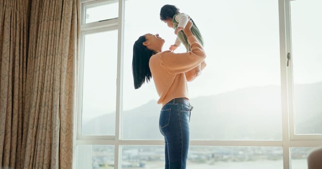 Love, happy and mother with baby in bedroom for playful, relax and free time. Happiness, smile and health with woman and newborn infant in family home apartment for support, excited and youth.