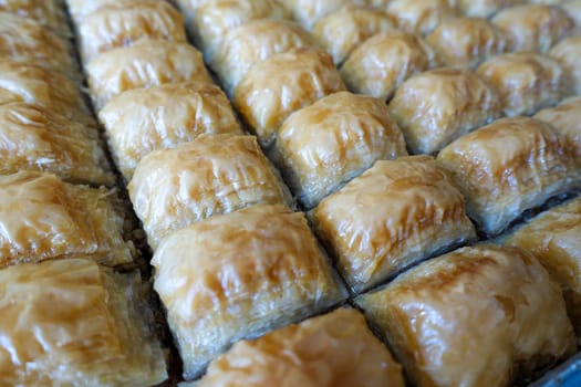 Famous Turkish baklava dessert sliced in a baking tray, Gaziantep baklava,