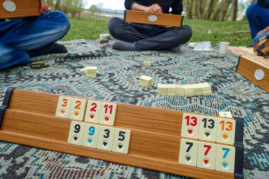 spending time playing okey at the picnic, close-up of the okey game and stones,