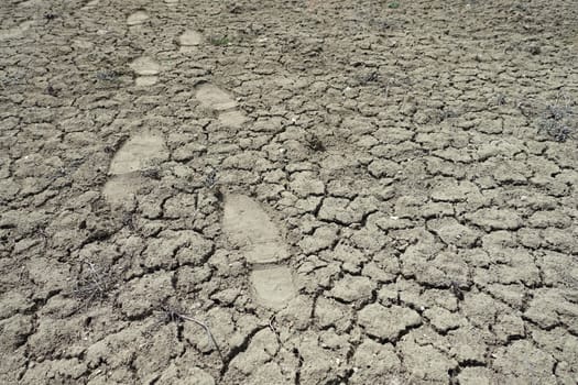 human footprints walking on cracked and cleft soils, human shoe prints in the soil,