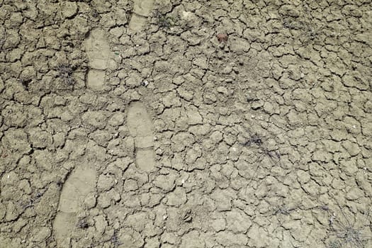 human footprints walking on cracked and cleft soils, human shoe prints in the soil,