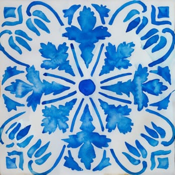 Watercolor illustration of portuguese ceramic tiles pattern. Single square tile.