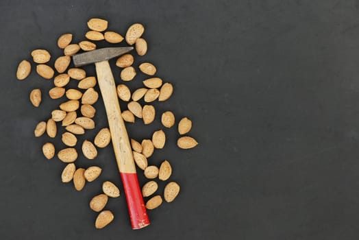 break dry shelled almonds with hammer. hammer and dry almonds,