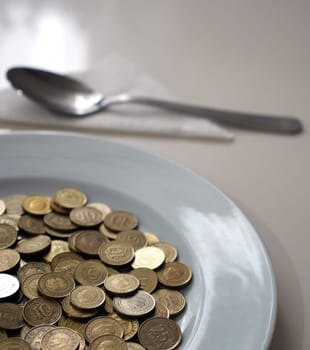 spend money,eating large amounts of coins and spoons,money on a dinner plate, a spoonful of turkish lira, coins in a plate