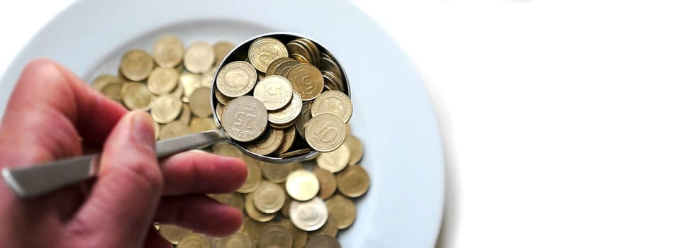 spend money,eating large amounts of coins and spoons,money on a dinner plate, a spoonful of turkish lira, coins in a plate