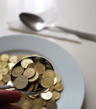 spend money,eating large amounts of coins and spoons,money on a dinner plate, a spoonful of turkish lira, coins in a plate