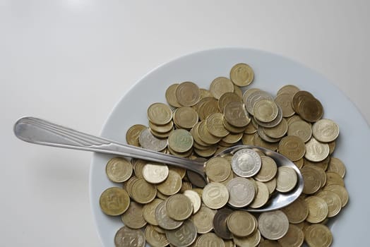 spending money, rich people spending their money eating, coins in plate on table, a spoonful of turkish lira, coins in a plate