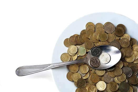 spending money, rich people spending their money eating, coins in plate on table, a spoonful of turkish lira, coins in a plate