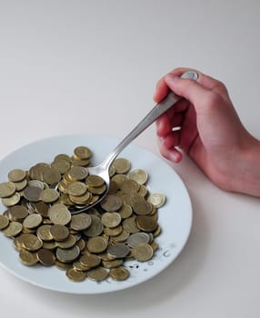 spend money,eating large amounts of coins and spoons,money on a dinner plate, a spoonful of turkish lira, coins in a plate