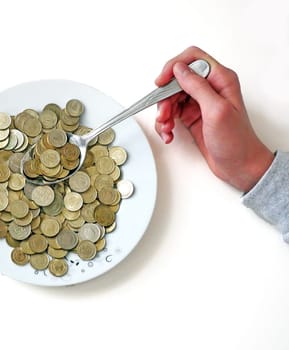 spend money,eating large amounts of coins and spoons,money on a dinner plate, a spoonful of turkish lira, coins in a plate