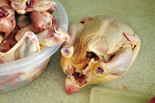 shredding a whole raw chicken, cutting the chicken into pieces with a knife, chicken meat with the bones,