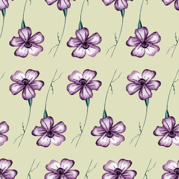 Seamless Pattern with Hand-Drawn Pink Flower. Light Yellow Background with Thin-leaved Lavender Marigolds for Print, Design, Holiday, Wedding and Birthday Card.