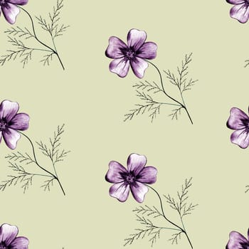 Seamless Pattern with Hand-Drawn Pink Flower. Light Yellow Background with Thin-leaved Lavender Marigolds for Print, Design, Holiday, Wedding and Birthday Card.