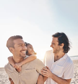 Funny, piggyback and lgbt family at beach for love, care and a vacation in summer. Smile, interracial and gay parents laughing with child at sea during a holiday for bonding, travel or mockup space.