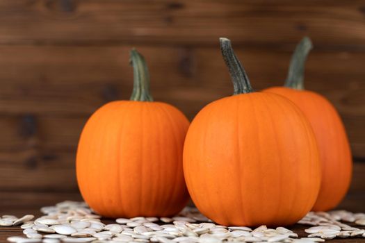 Three ripe pumpkins and seeds on wooden backdrop