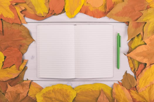 Empty notebook and pen on wooden table with painted leaves.Toned image.