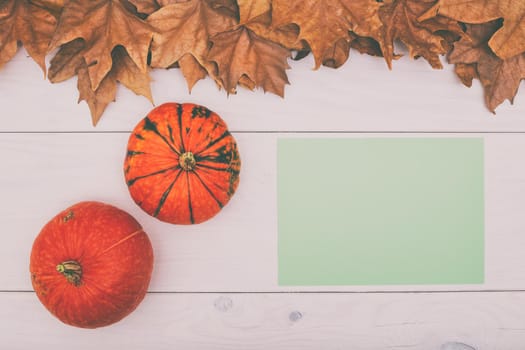 Image of pumpkins and empty green paper on wooden table with autumn leaves.Image is intentionally toned.