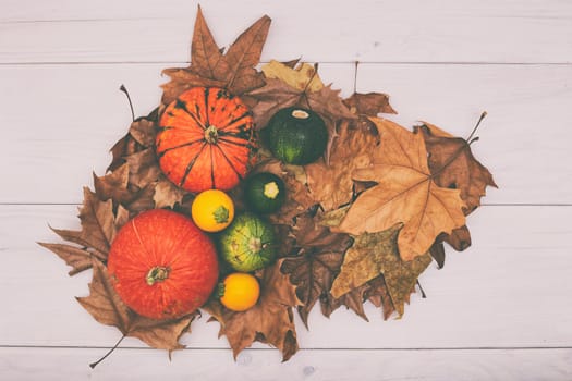 Image of pumpkins on wooden table with autumn leaves.Image is intentionally toned.