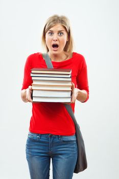 Image of  female student in panic with books.