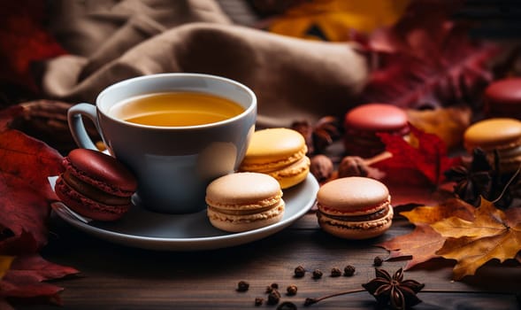 Autumn tea time with cup of tea, glass teapot and macaroons. Herbal raspberry natural tea. Aesthetic home with candle, dessert. Self care, wellness lifestyle. Copy space. Autumn decor on wooden table cozy space for text