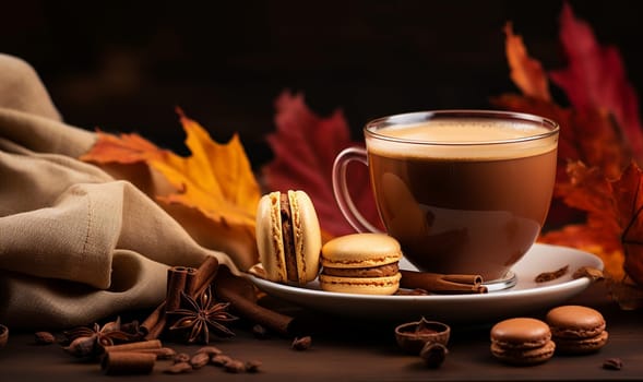 Autumn tea time with cup of tea, glass teapot and macaroons. Herbal raspberry natural tea. Aesthetic home with candle, dessert. Self care, wellness lifestyle. Copy space. Autumn decor on wooden table cozy space for text
