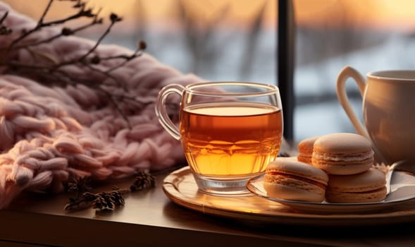 Autumn tea time with cup of tea, glass teapot and macaroons. Herbal raspberry natural tea. Aesthetic home with candle, dessert. Self care, wellness lifestyle. Copy space. Autumn decor on wooden table cozy space for text