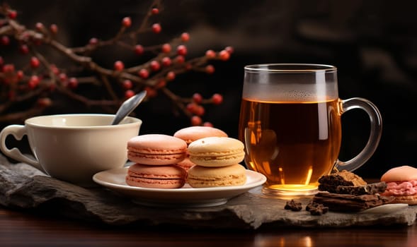 Autumn tea time with cup of tea, glass teapot and macaroons. Herbal raspberry natural tea. Aesthetic home with candle, dessert. Self care, wellness lifestyle. Copy space. Autumn decor on wooden table cozy space for text