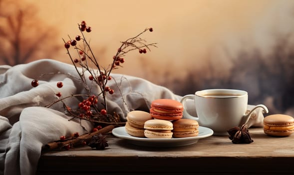 Autumn tea time with cup of tea, glass teapot and macaroons. Herbal raspberry natural tea. Aesthetic home with candle, dessert. Self care, wellness lifestyle. Copy space. Autumn decor on wooden table cozy space for text